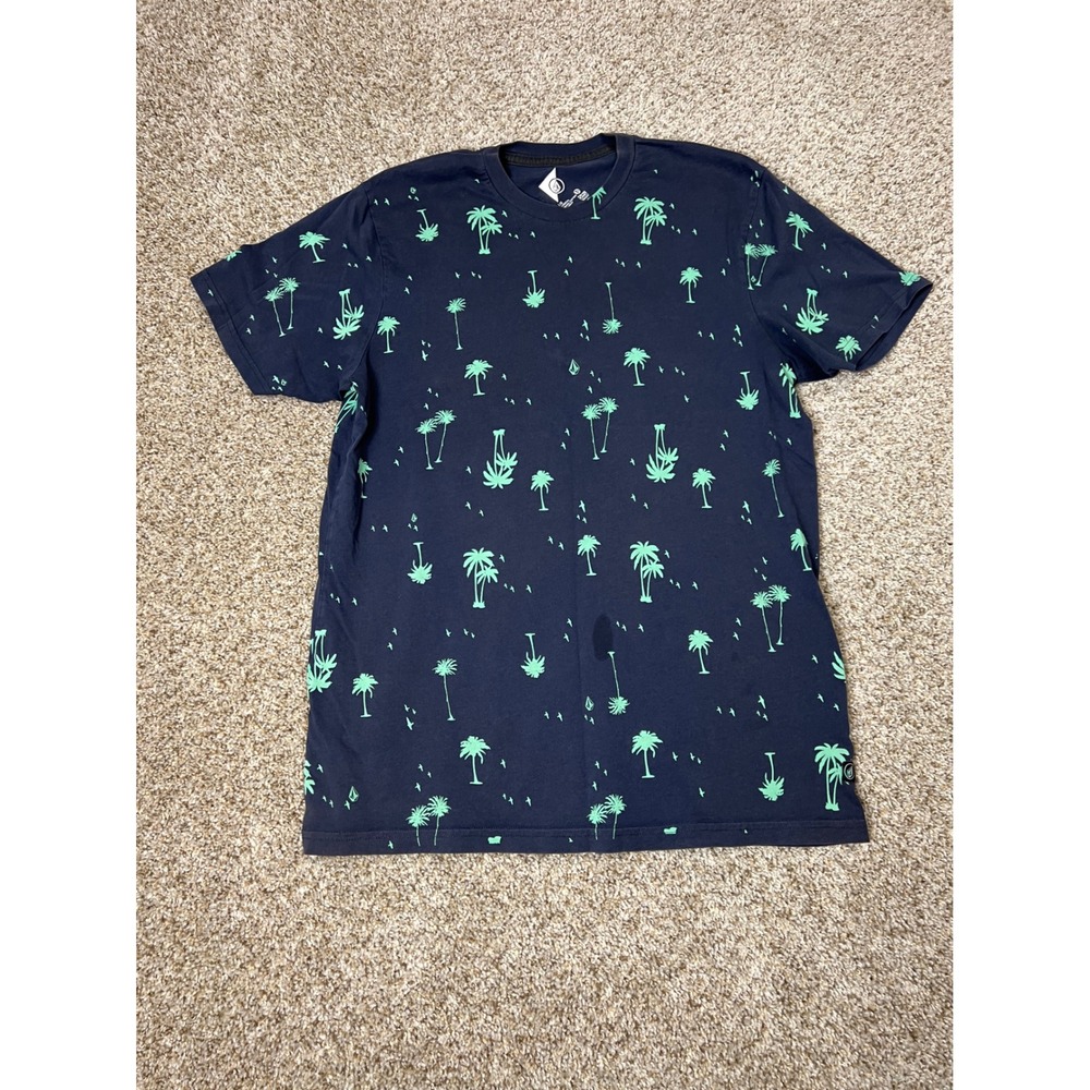 Volcom Mens Palm Tree Print T-Shirt Navy Blue Organic Cotton Short Sleeve Large